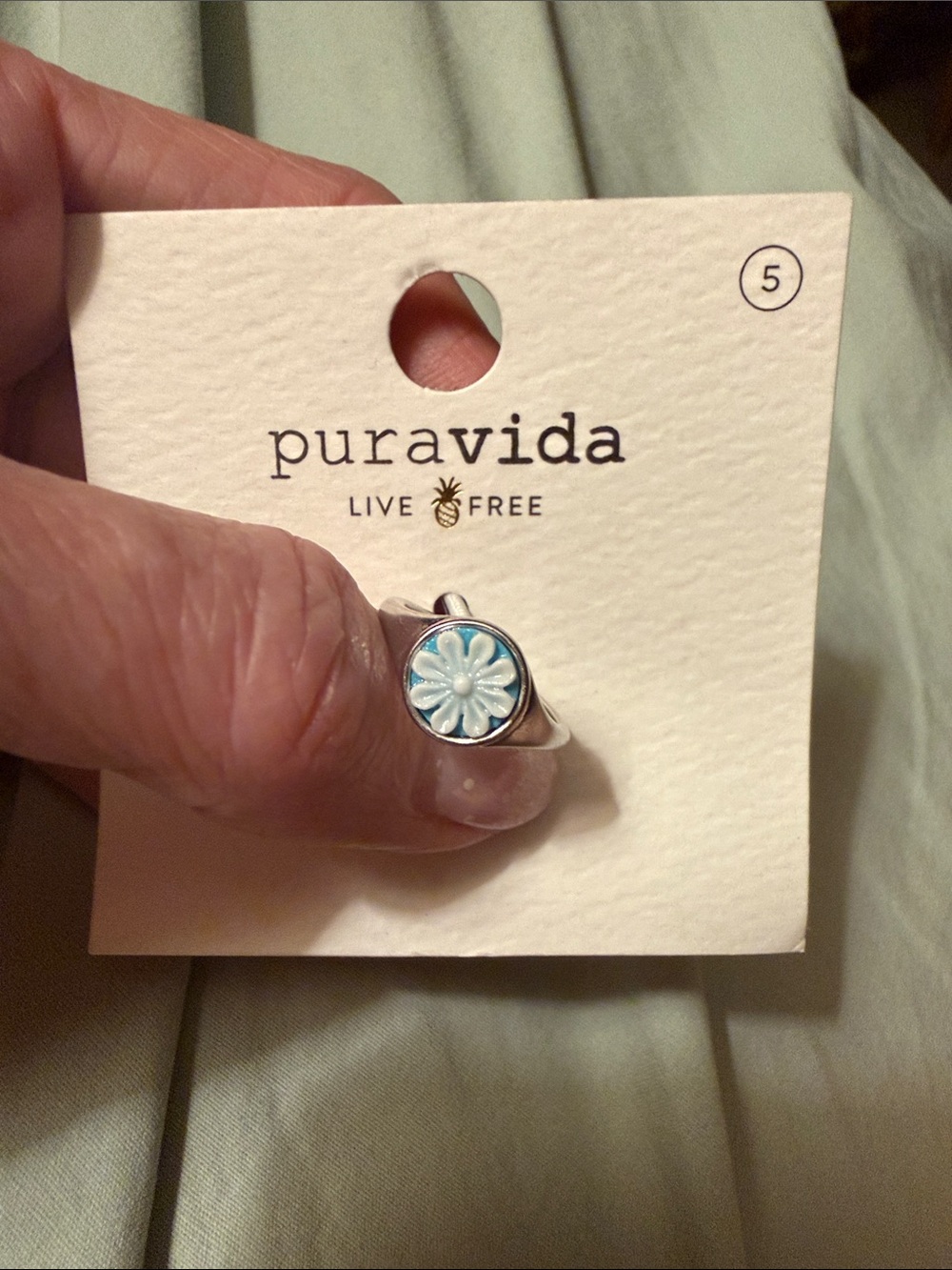 Pura Vida Silver Ring with Light Blue Enamel Daisy